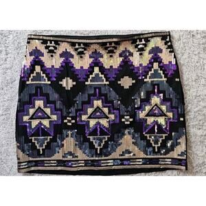 Express Pull On Mini Skirt Sequins Aztec Tribal Lined Purple Black Stretch XS 27